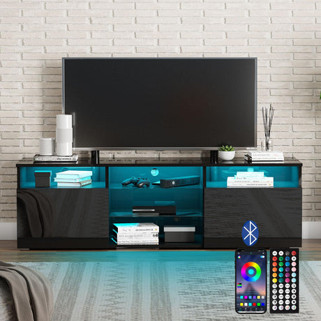 Uspeedy TV Stand,High Glossy LED TV Stand for 65 inch TV Stand,Modern TV Entertainment Center with Adjustable Storage Shelf,TV Console Table with RGB LED 20 Color Lighting(57IN Black) Uspeedy