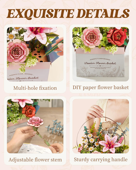 ROBOTIME 3D Wooden Puzzles for Adults, TW03H Wooden Flower Basket Craft Kit, Artificial Flowers Handheld Gift Box, Unique Gift for Birthday/Holidays/Homewarming ROBOTIME