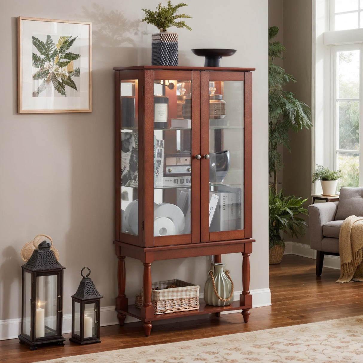 Eyisean Lighted Display Cabinet, 48" H Curio Cabinet with Open Storage Space, Tempered Glass Doors and Acrylic Mirrored Back Panel, Rack for Living Room (Bulb Not Included) (Walnut) Eyisean