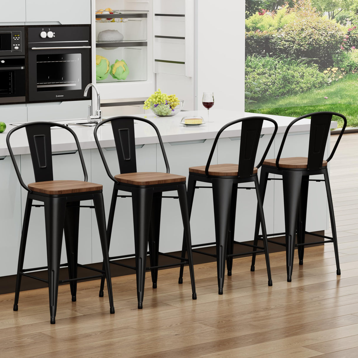 Yongqiang Barstools Set of 4 Counter Height Bar Stools for Kitchen Island Farmhouse Metal High Back Bar Chairs Wooden Seat 24" Matte Black Yongqiang