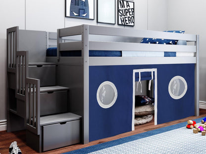 JACKPOT! Contemporary Low Loft Twin Bed with a 3 Drawer Stairway, Gray with Blue & White Tent