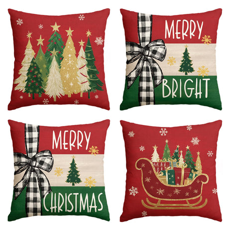AVOIN colorlife Merry Bright Christmas Trees Star Sleigh Throw Pillow Covers, 18 x 18 Inch Bow Snowflake Red Xmas Winter Holiday Cushion Case Decoration for Sofa Couch Set of 4 AVOIN colorlife