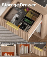 Akxomel Fluted Nightstands Set of 2, Wooden Night Stand with Charging Station and LED Light, Modern Mid Century End Table with Drawer, 15" D x 15.7" W x 22.6" H, for Bedroom, Natural Oak Akxomel