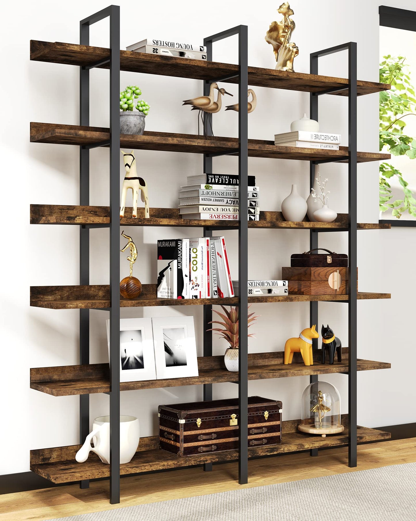 Sengroce 6-Tier Double Wide Industrial Wooden Bookcase with Metal Frame - Rustic Vintage Design for Home Office and Living Room - WoodArtSupply