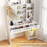 Hadulcet White Vanity Desk with Mirror and Lights, LED Vanity with Power Outlet, Makeup Vanity with 2 Drawers, 10 Storage Shelves and Acrylic Door Cabinet for Bedroom Dressing Room, 43” Hadulcet