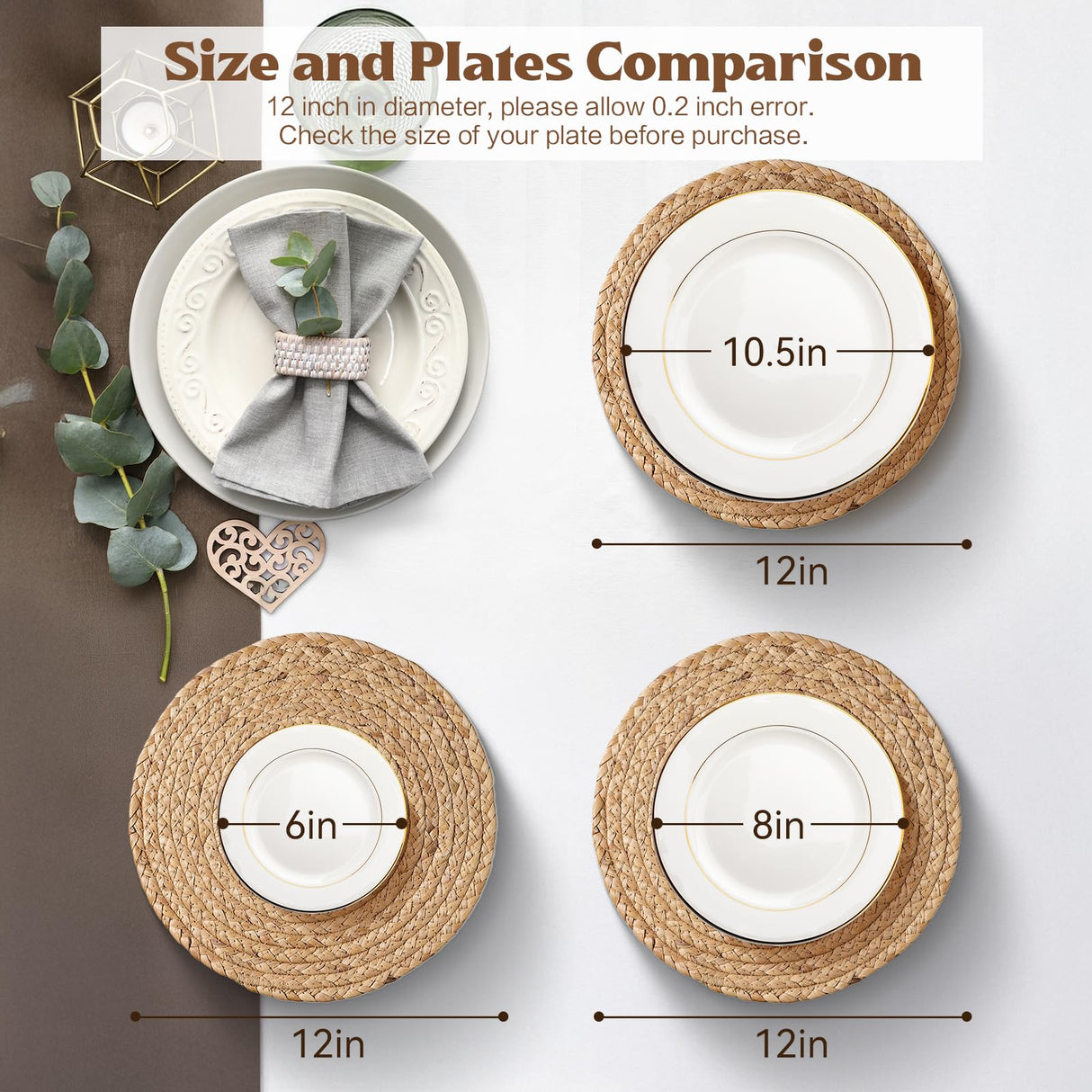 Aofmee 12 inch Round Woven Placemats Set of 6, Boho Rattan Place Mats, Natural Water Hyacinth Table Placemats, Farmhouse Weave Table Mats, Rustic Braided Wicker Charger Plates for Dining Table Decor Aofmee