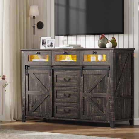 BTHFST 6 Drawers Dresser for Bedroom with 2 Sliding Barn Door, Farmhouse LED Lights Modern TV Stand Dresser Organizer Storage Bedroom, Hallway, Living Room (Dark Rustic Oak) BTHFST