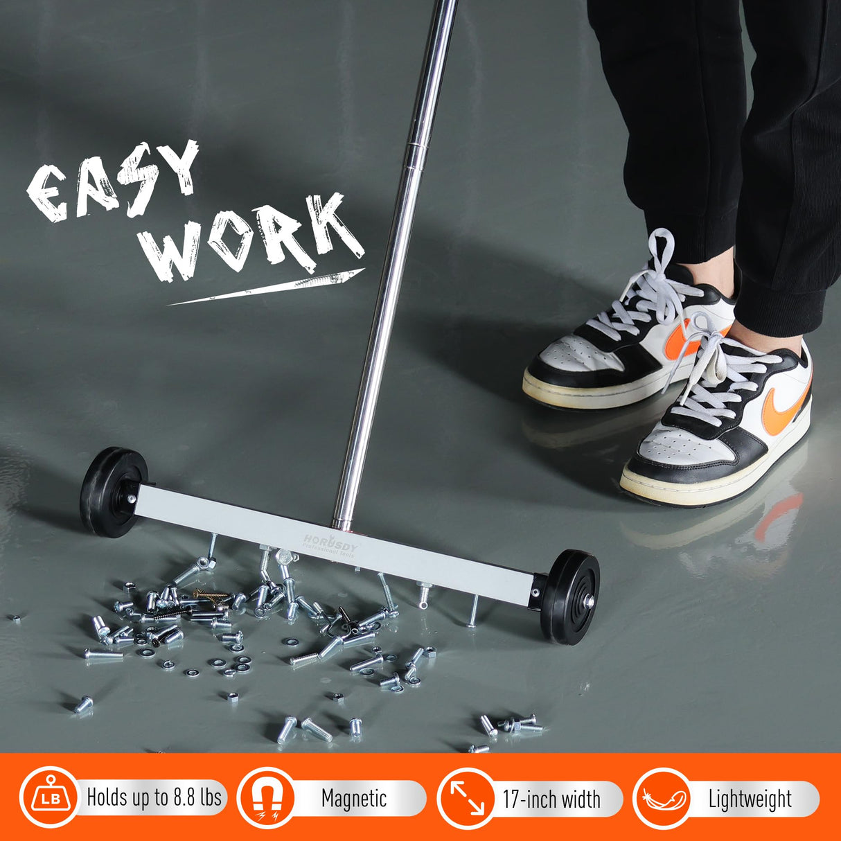 HORUSDY 17-Inch Rolling Magnetic Sweeper with Wheels | Adjustable Handle | 8.8-Pound Capacity Heavy-Duty Magnet to Pick Up Nails HORUSDY