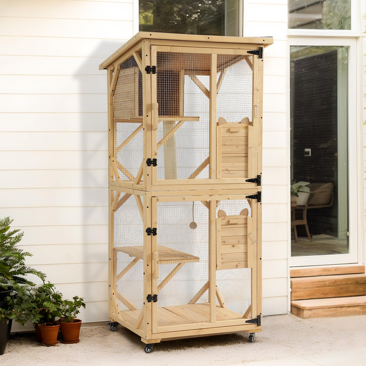 GIODIR 71" H Cat Catio Outdoor Cats Enclosure Window, 4 Tiers Cat Wooden House Cage on Wheels, Large Catios for Cats Indoor Patio with Waterproof Roof, Removable Floor and Scratching Post (Natural) GIODIR
