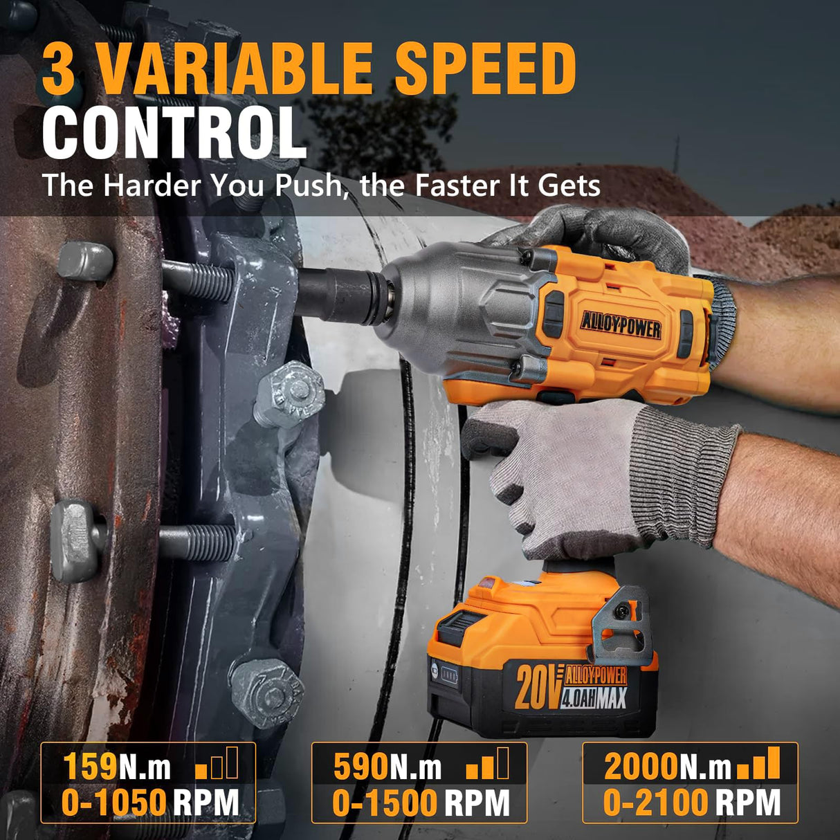 ALLOYPOWER Cordless Brushless Impact Wrench, 1475 ft-lbs (2000N.m), 1/2 High Torque power impact gun, 3-Mode Speed, 4000mAh Battery, 3 Sockets, Electric Impact Wrench Set for Car Tire Truck RV Mower ALLOY POWER