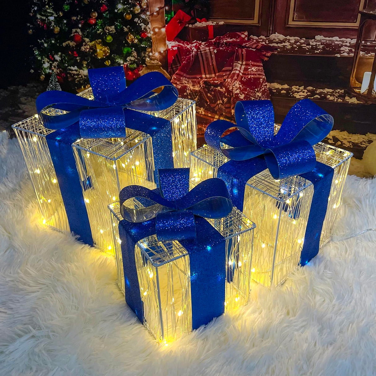 Christmas Decorations, Purtuemy Set of 3 Christmas Lighted Gift Boxes 140 LED Light up Xmas Present Ornament for Tree Indoor Outdoor Yard Holiday Door, Christmas Lights,Warm White, UL Plug Purtuemy