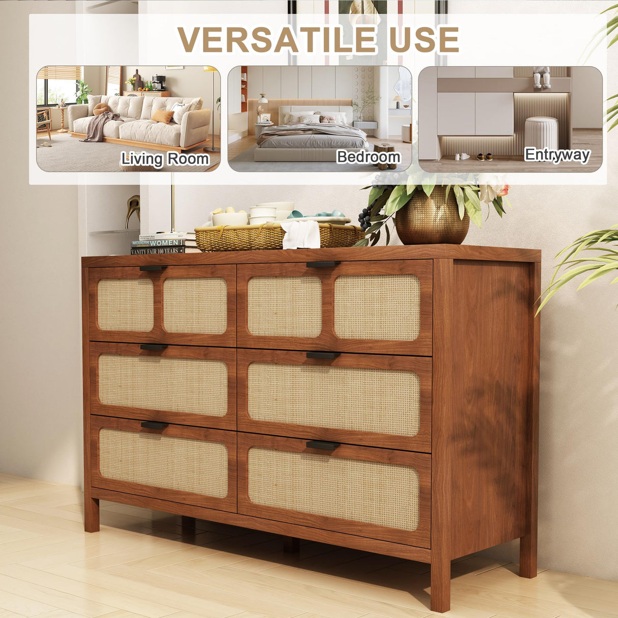 LEVNARY 6 Drawer Dresser for Bedroom, Rattan Dresser Drawer Organizer with Metal Handles, Accent Wood Chest of Drawers for Entryway, Closet, Living Room, Hallway, Nursery (Walnut) LEVNARY
