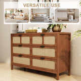 LEVNARY 6 Drawer Dresser for Bedroom, Rattan Dresser Drawer Organizer with Metal Handles, Accent Wood Chest of Drawers for Entryway, Closet, Living Room, Hallway, Nursery (Walnut) LEVNARY