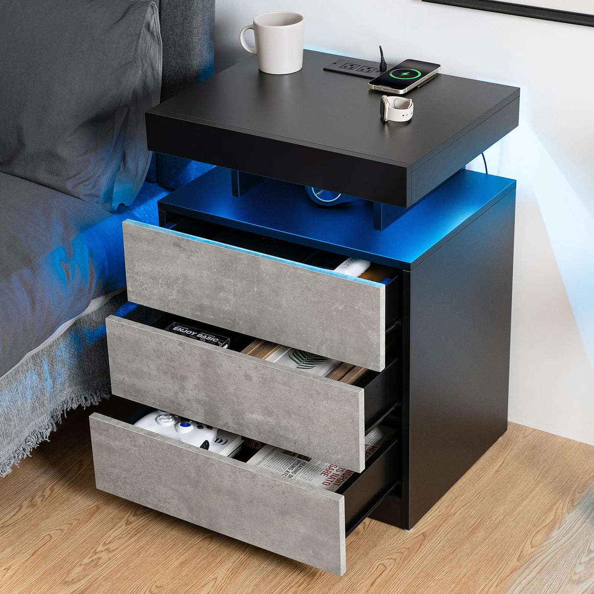 HOMMPA LED Nightstand with Wireless Charging Station & USB Ports, 3 Drawer Night Stand with LED Light RGB Adjustable Brightness, Smart Nightstand High Gloss Bedside Table for Bedroom Gray HOMMPA