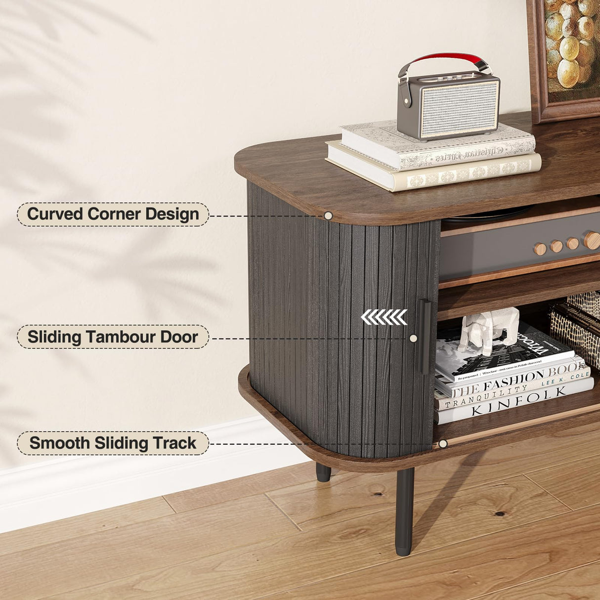 63" Modern Fluted TV Stand for TVs up to 75 Inch , Gaming Entertainment Center with Tambour Slatted Sliding Doors and Storage Cabinet, Media TV Consoles Table for Living Room, Office, Black FiveWillowise