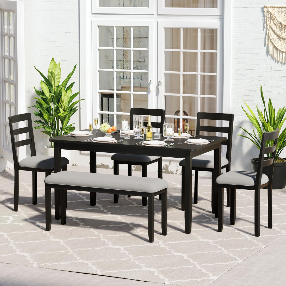 JUMMICO Solid Wood 6 Piece Dining Table Set, Modern 58"/W Kitchen Table Set for 6 with 4 Upholstered Chairs & 1 Bench, Kitchen & Dining Room Sets for Kitchen, Restaurant (Black & Grey) JUMMICO