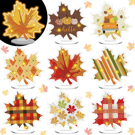 DoubleFill 9 Pcs Luminous Thanksgiving Diamond Painting Tabletop Decor Double Sided Fall Maple Leaf Diamond Art Kits for Adults Glow in The Dark Thanksgiving Centerpieces for Table Desktop DIY Crafts DoubleFill
