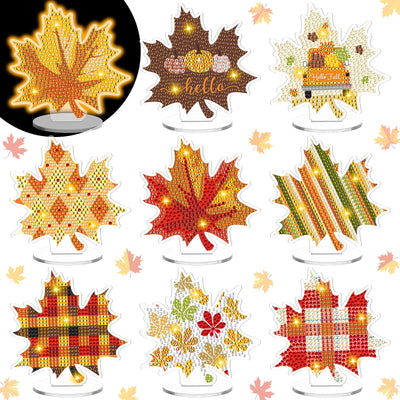 DoubleFill 9 Pcs Luminous Thanksgiving Diamond Painting Tabletop Decor Double Sided Fall Maple Leaf Diamond Art Kits for Adults Glow in The Dark Thanksgiving Centerpieces for Table Desktop DIY Crafts