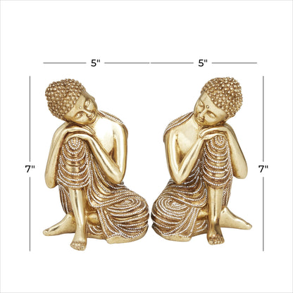 Deco 79 Polystone Buddha Decorative Sculpture Meditating Home Decor Statues with Engraved Carvings and Relief Detailing, Set of 2 Accent Figurines 5"W, 7"H, Gold - WoodArtSupply