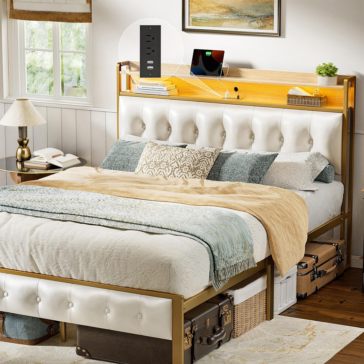 HAUSOURCE LED Bed Frame Full Size with Storage Headboard Platform Bed Frame with 2 Charging Outlets and 2 USB Ports Non-Slip Without Noise Strong Metal Slats Support No Box Spring Needed,White HAUSOURCE