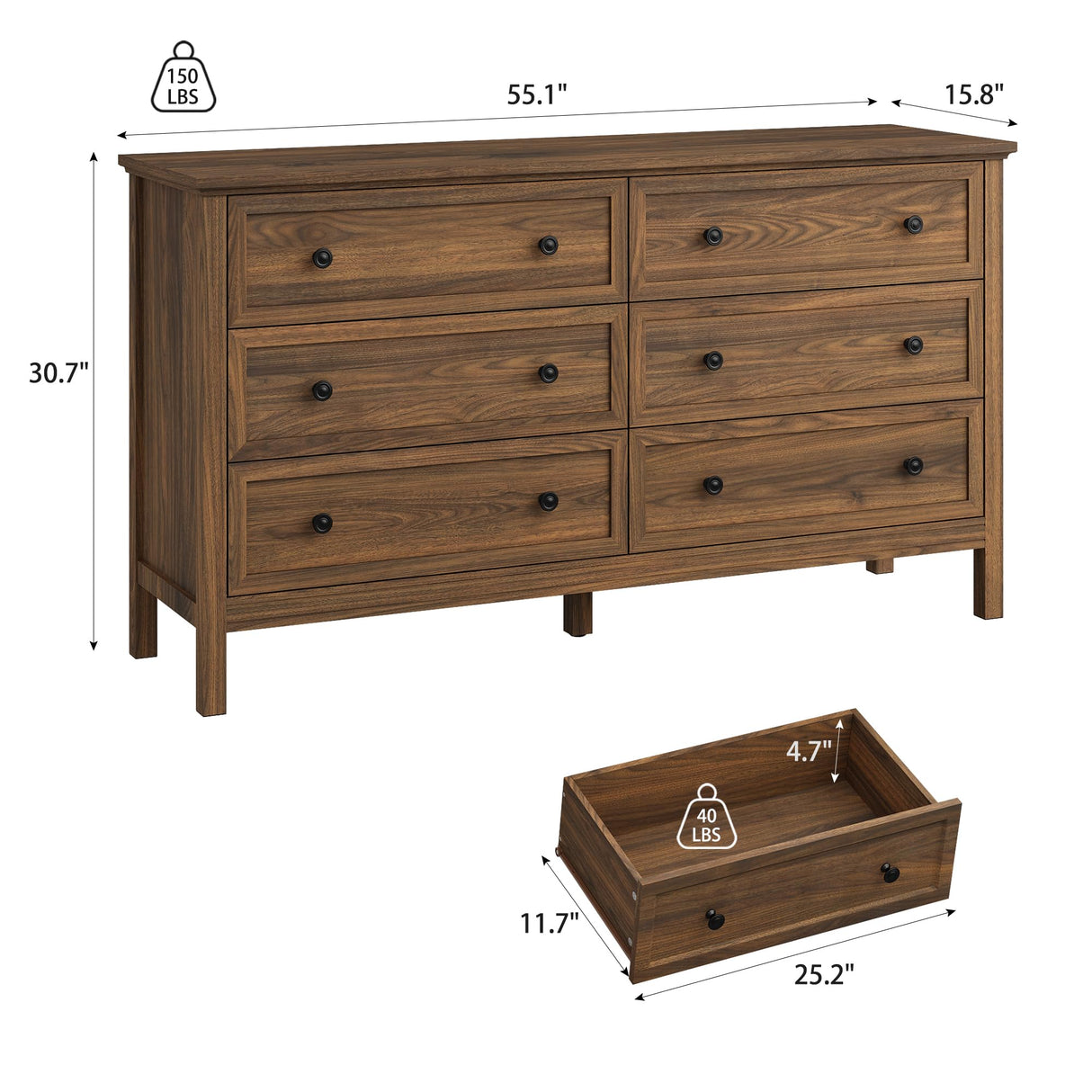 Walnut 6 Drawers Dresser for Bedroom, 55'' Wide Modern Wood Dresser with Black Handles, Large TV Stand Chest of Storage Drawers for Hallway, Living Room Tradare