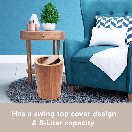 Modern Round Trash Can with Lid,Solid Real Wood Waste Basket in Walnut,8L/2.1Gal,9.25"x7.5"x11.8" Swing Top Small Trash Can, Living Room, Office & Bathroom Farmhouse Loft Wooden Style Primo Supply