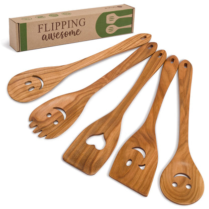 MFC 5-Piece Wooden Cooking Spoons - Kitchen Spatula Set from Natural Cherry Wood - Wooden Spoons for Cooking - Funny Wooden Utensil Set with Smiley Faces - Cooking Multipurpose Wooden Utensils