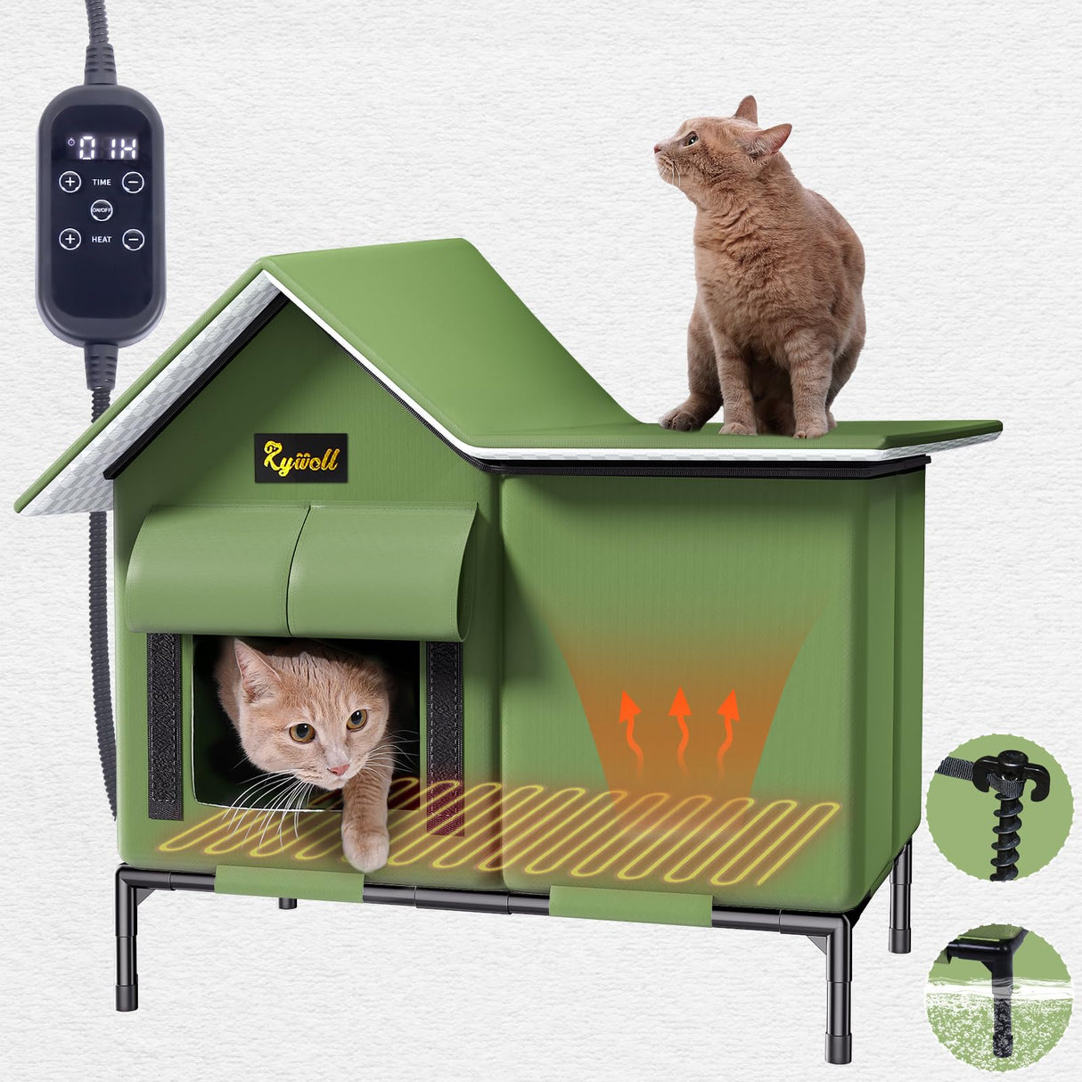 Rywell Heated Cat House for Outside Large,Super Insulated&Weatherproof,Heated Cat House for Cats, Elevated Heated Outdoor Cat House for Feral Cat with Waterproof Eaves,Timer & Temp Adjustable Rywell