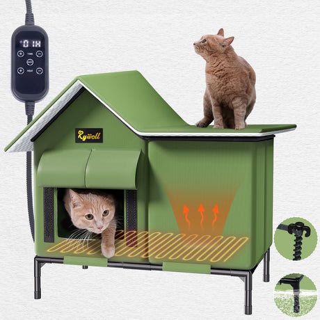 Rywell Heated Cat House for Outside Large,Super Insulated&Weatherproof,Heated Cat House for Cats, Elevated Heated Outdoor Cat House for Feral Cat with Waterproof Eaves,Timer & Temp Adjustable Rywell
