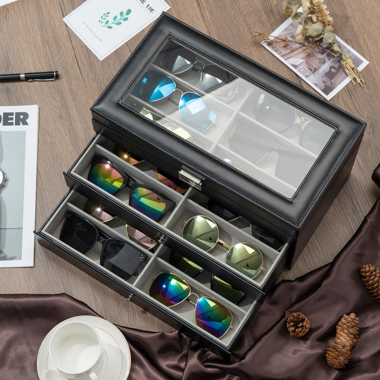 ProCase 3-layer Sunglasses Storage Organizer, 18 Slots Leather Sunglass Box Multiple Pairs Eyeglass Cases Eye Glass Eyewear Display Holder for Men Women, Father's Day Gift -Black ProCase