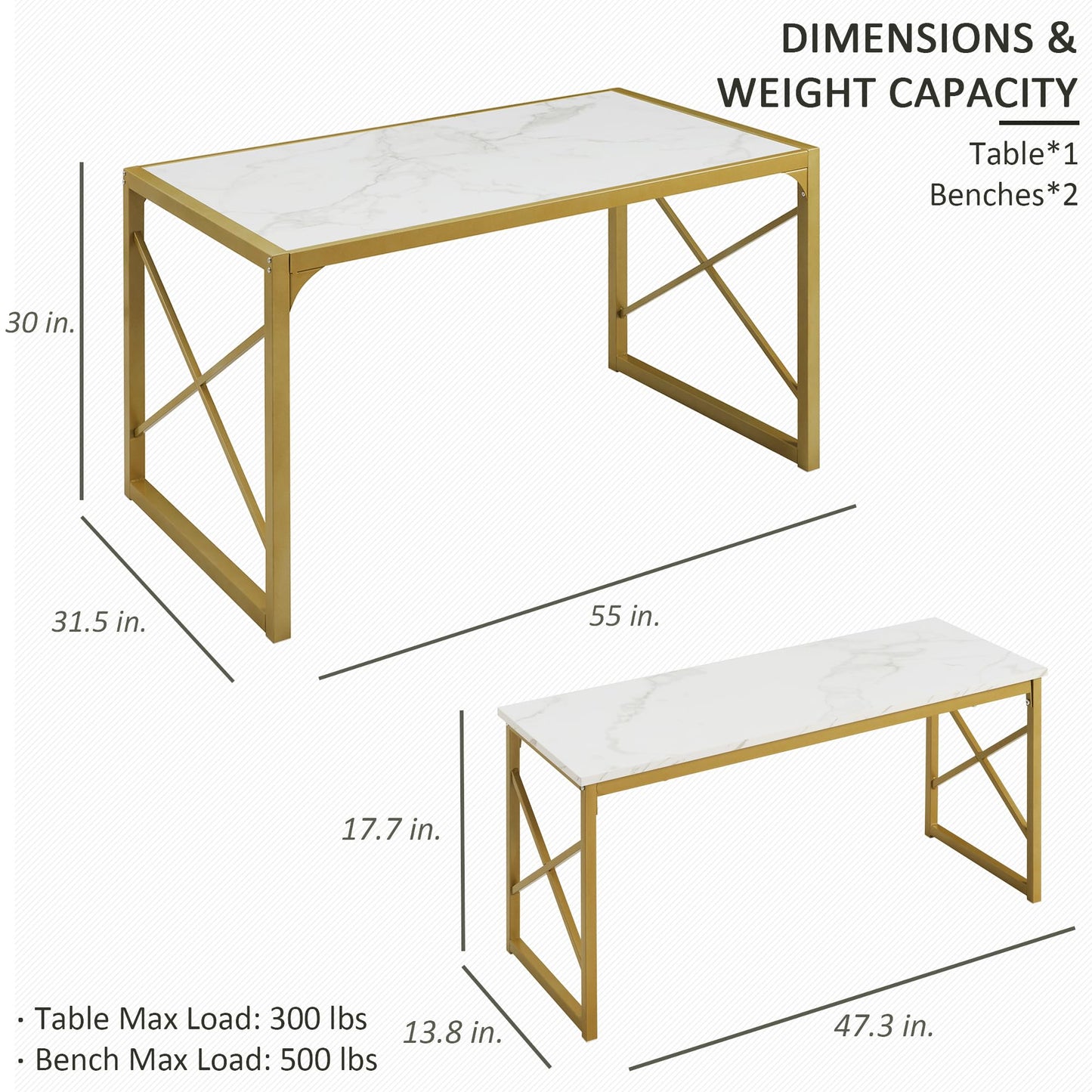 VECELO Kitchen Table with 2 Benches for 6,Wood Dining Room Dinette Sets with Metal Frame for Breakfast Nook and Small Space, 55", White&Gold - WoodArtSupply