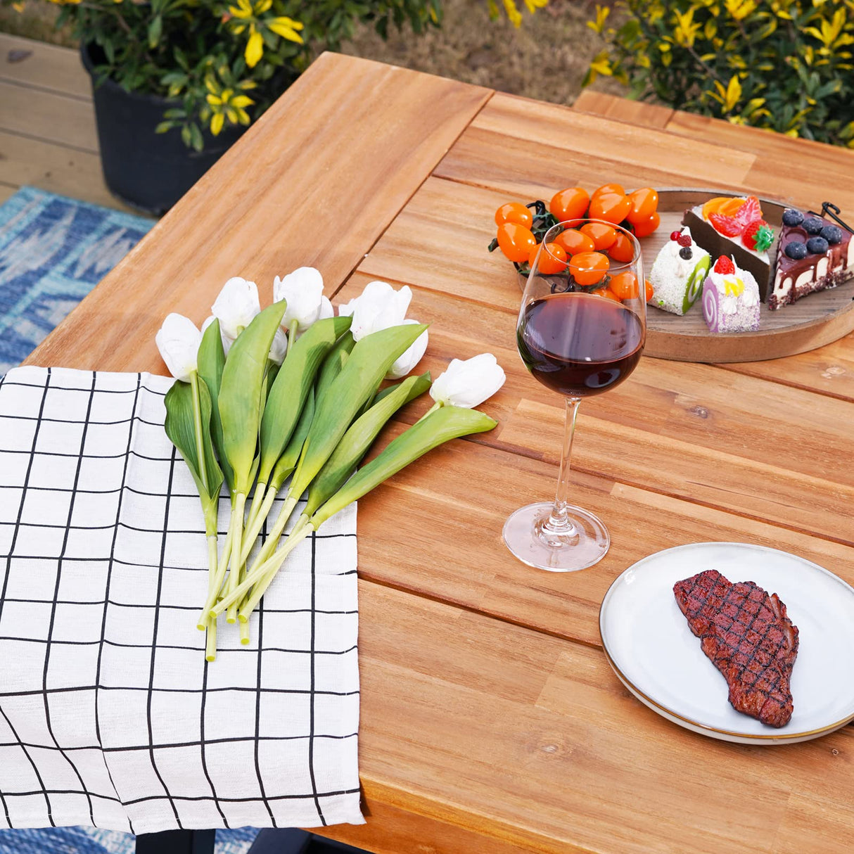 Sophia & William Acacia Wood Patio Dining Set with 1 Table and 2 Benches for 6, Oil Finished Tabletop and Spray Painted Legs, 3 Pieces Patio Dining Furniture for Porch Backyard, Teak and Black Sophia & William