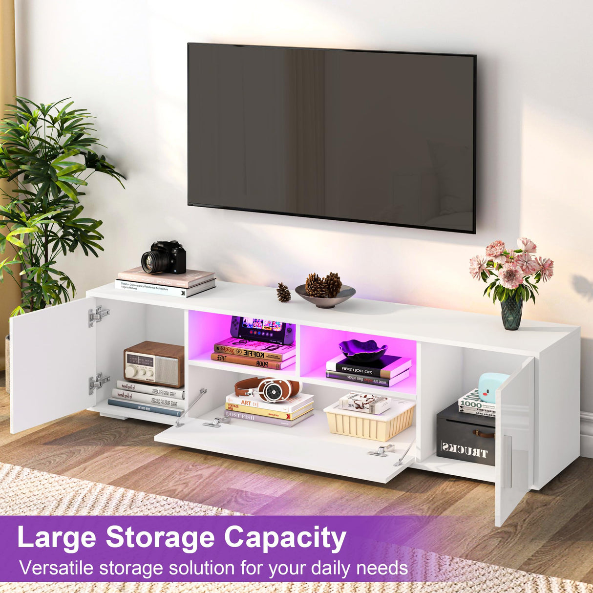 HaiQiwawo LED TV Stand for 75 Inch TV, High Gloss White 75 Inch TV Console Table, Modern Mirrored Entertainment Center with Storage Drawers and Lights for Living Room Gaming Room and Bedroom HaiQiwawo