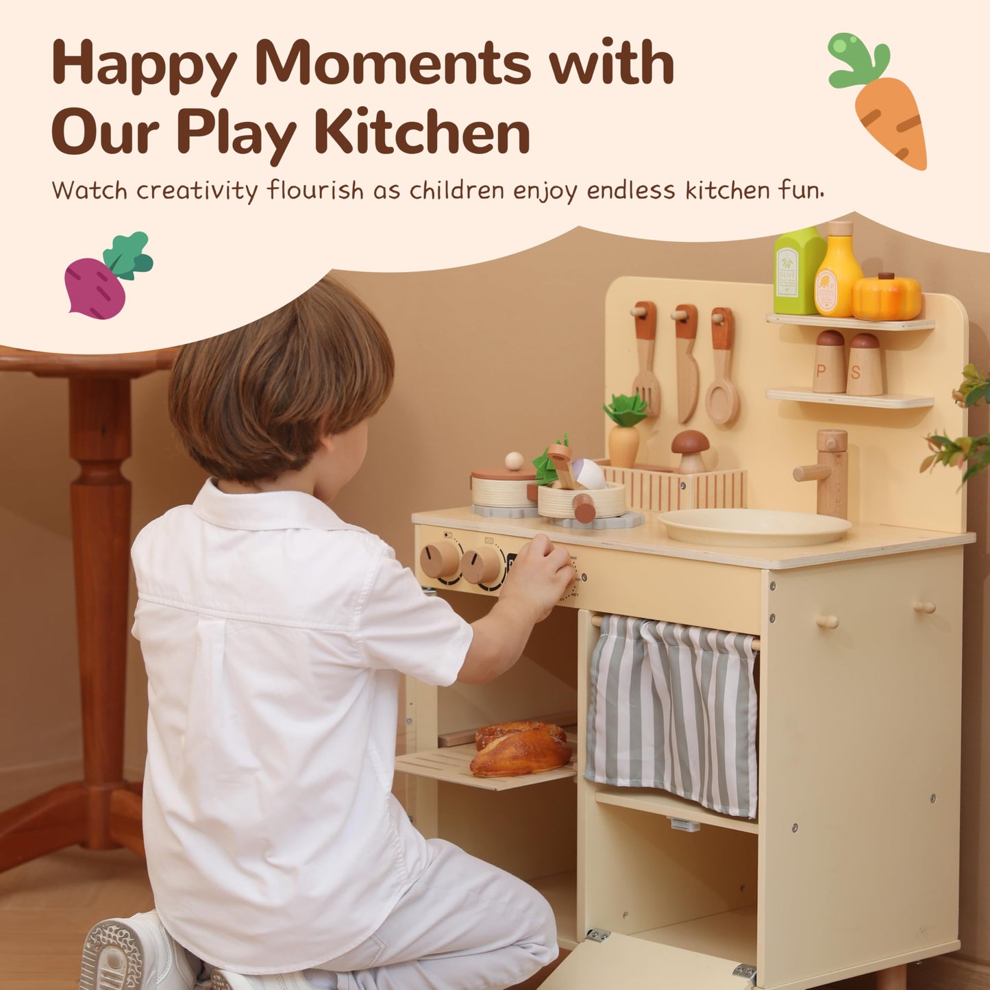 Leeshyah Play Kitchen for Kids, Classic Wooden Kitchen Playset with Food Accessories Set Ideal for Creative Pretend Play, Suitable for Toddlers, Girls & Boys Ages 3+