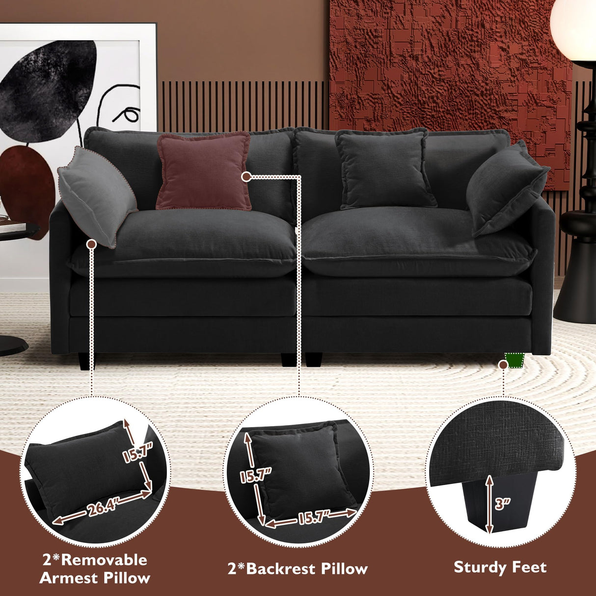 Ihanherry Cloud Sofa 77 Inch Loveseat, Modern Sectional Couch, 2-Seats Sofa for Living Room Bedroom and Apartment, Comfy Double Layer Upholstered Seat Cushion, Breathable Chenille Fabric, Black Ihanherry