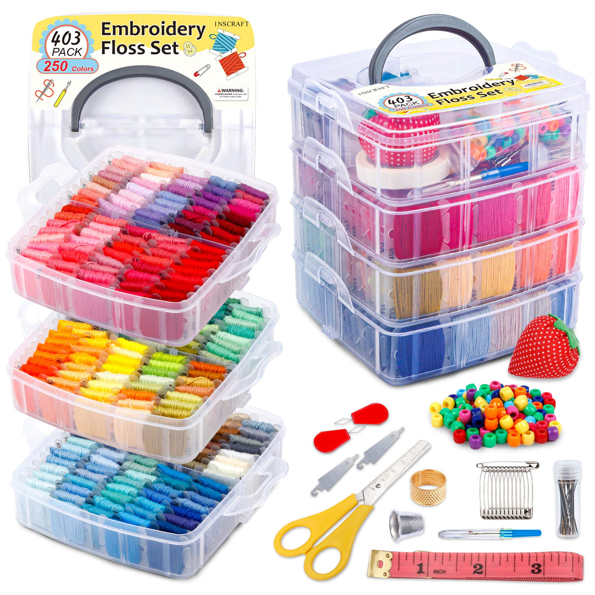 Inscraft 403 Pack Embroidery Floss Set, 250 Colors Cross Stitch Friendship Bracelet Thread with 153 Pcs Cross Stitch Tool, 4-Tier Transparent Box for Storage INSCRAFT