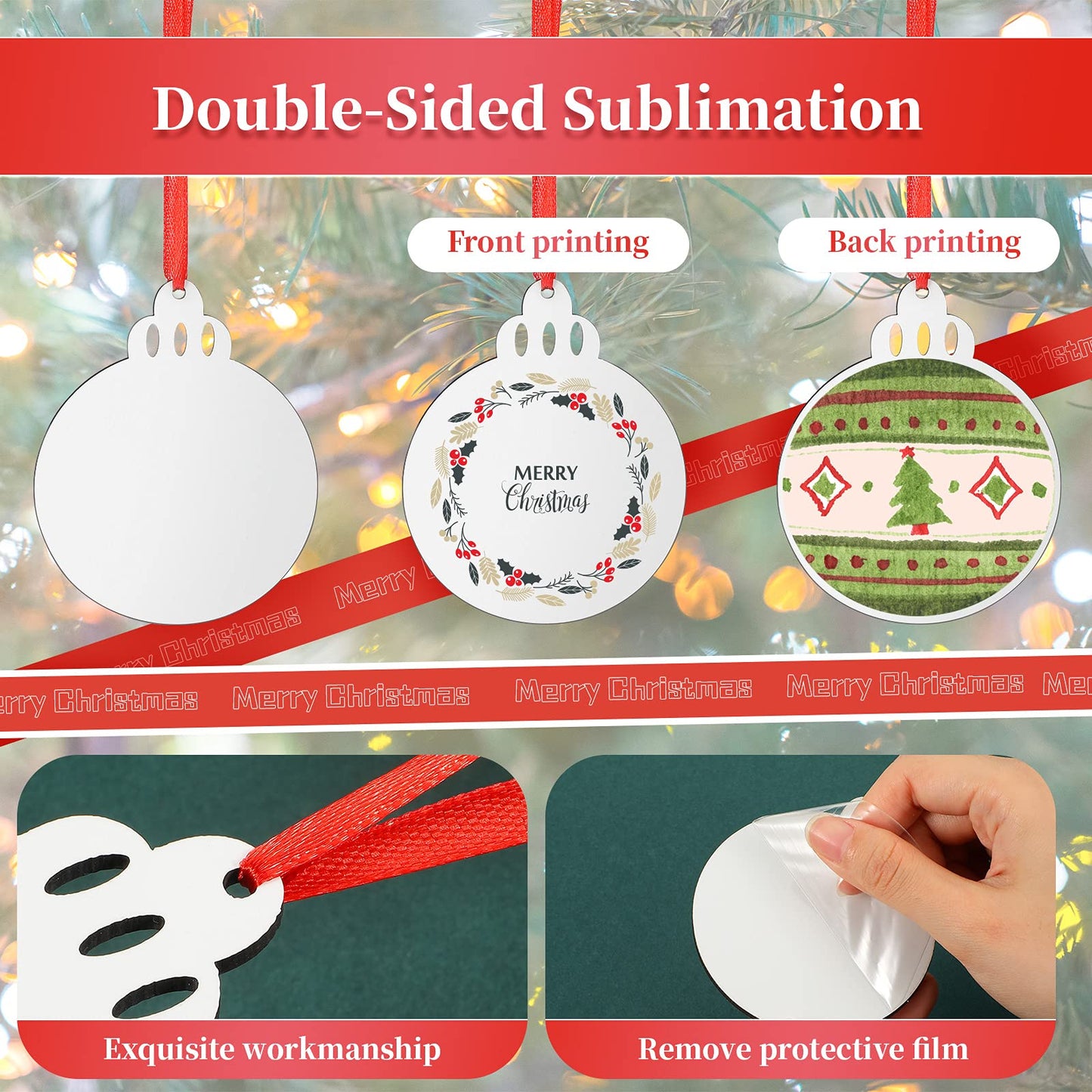 Jetec Christmas Sublimation Blank Pendants Double Side MDF Personalized Blank Bulk Heat Transfer Blank Hanging Pendant White Sublimation Ornament with Red Ribbon for DIY (18 Pcs,3.5 x 2.9 x 0.1 Inch)