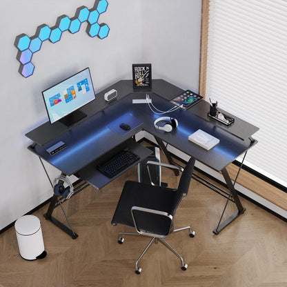 ACEMO L Shaped Gaming Desk with LED Lights and Power Outlet, Computer Desk with Monitor Stand, Untimate Corner Desk with Hooks and Keyboard Tray, Carbon Fiber, Black