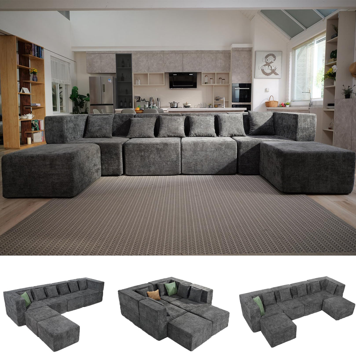 MONVANE Modular Sectional Cloud Couch for Living Room - 130'' 4 Seater Convertible Chenille Couches Set with Ottoman, No Assembly Compression Sofas, Comfy Floor Sofa with Memory Foam, Dark Grey MONVANE
