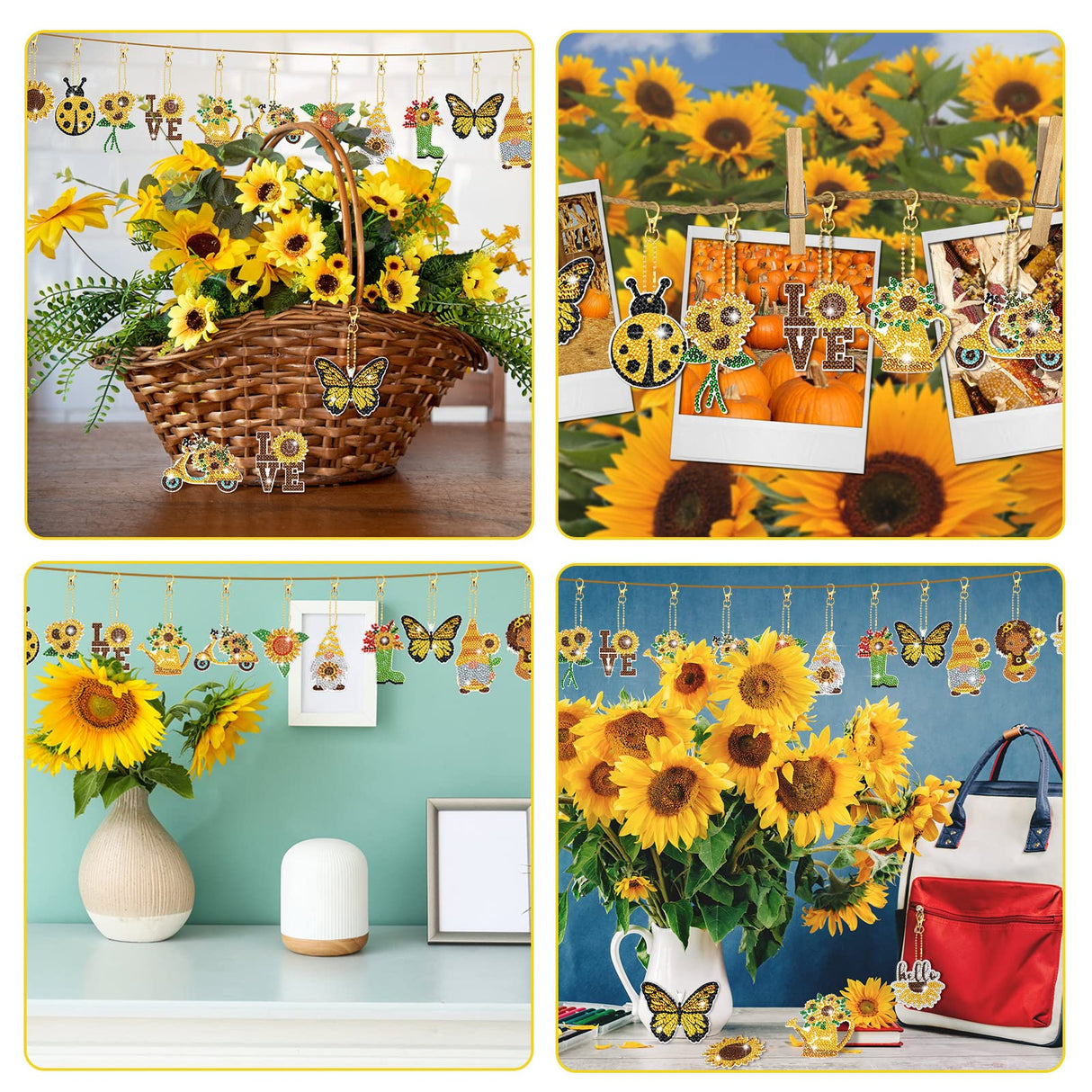 Inbagi 15 Pcs Spring Flowers Diamond Painting Keychains Sunflower Diamond Art Keychains Kits for Adults Gnome Butterfly Hanging Ornaments Rhinestones 5d Key Rings for DIY Crafts Home Party Decor Inbagi