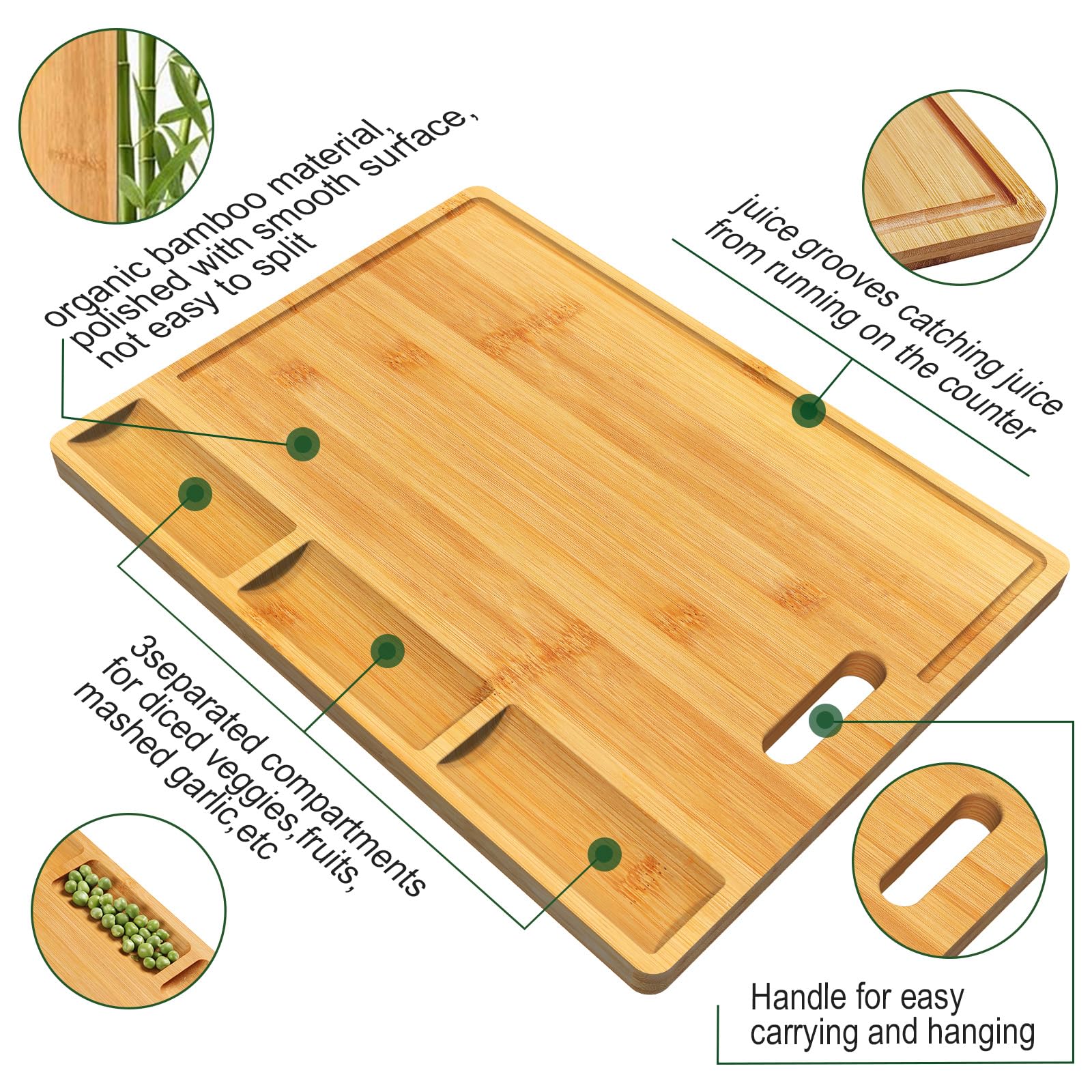 Cutting Boards,Large Bamboo Chopping Board, Built-In 3 Compartments And Juice Grooves, Charcuterie Board for Kitchen Counter Meat (Butcher Block) - WoodArtSupply