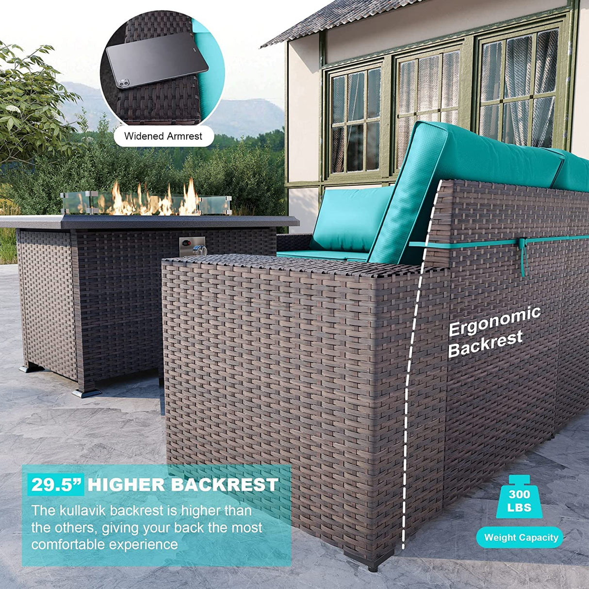 Kullavik 13 Pieces Outdoor Patio Furniture Set with 43" 55000BTU Gas Propane Fire Pit Table PE Wicker Rattan Sectional Sofa Patio Conversation Sets,Blue Kullavik