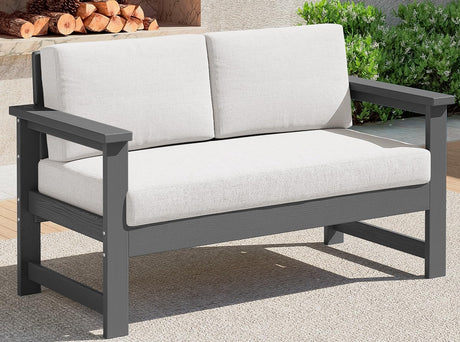 SERWALL Gray HDPE Outdoor Loveseat with Khaki Cushions, All Weather Use Outdoor Loveseat Sofa, Gray Frame with Khaki Cushions SERWALL