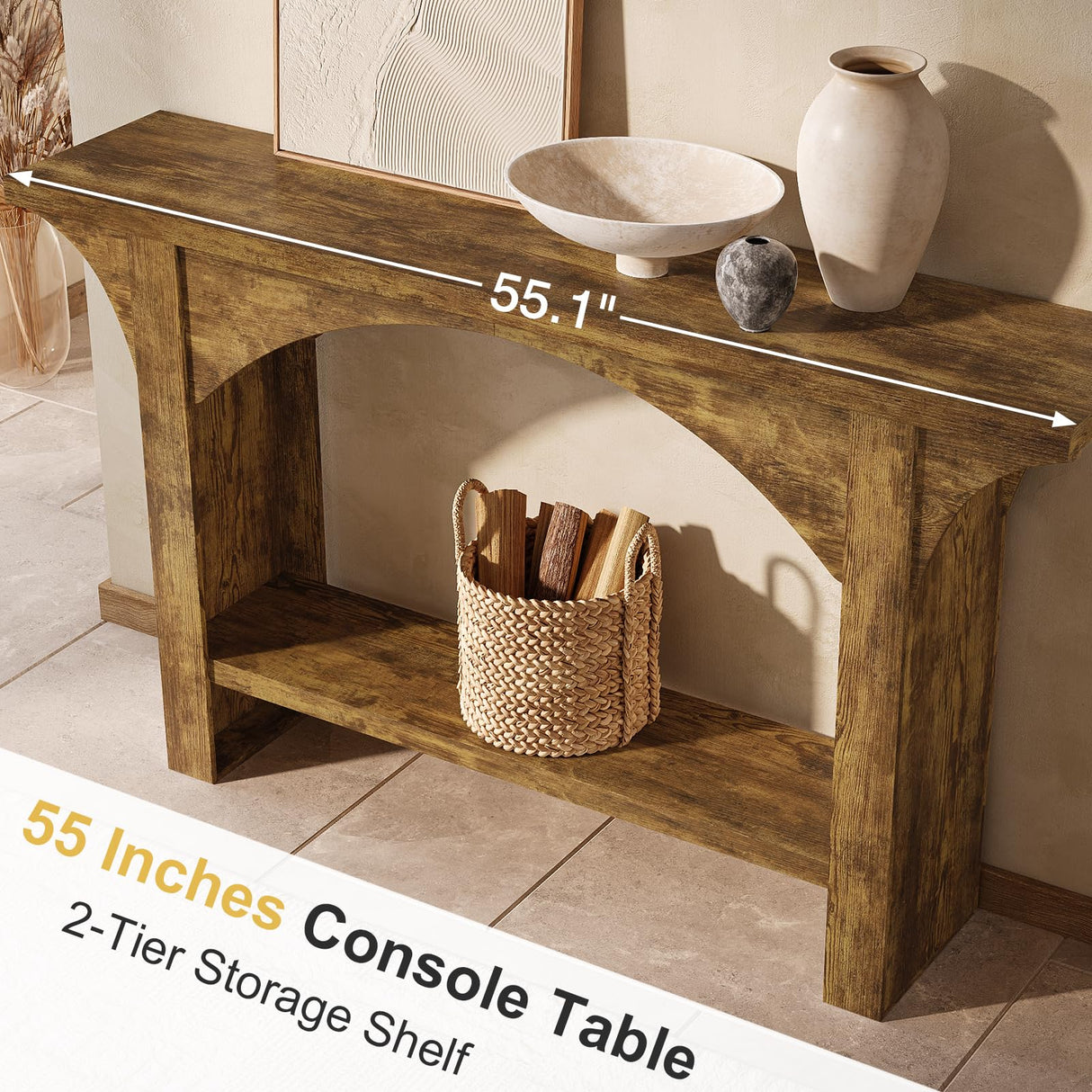 Tarnorci 55 Inches Console Table,2 Tier Farmhouse Entryway Table,Narrow Wood Accent Tables with Storage Shelves for Living Room,Entrance,Hallway,Foyer (Brown) Tarnorci