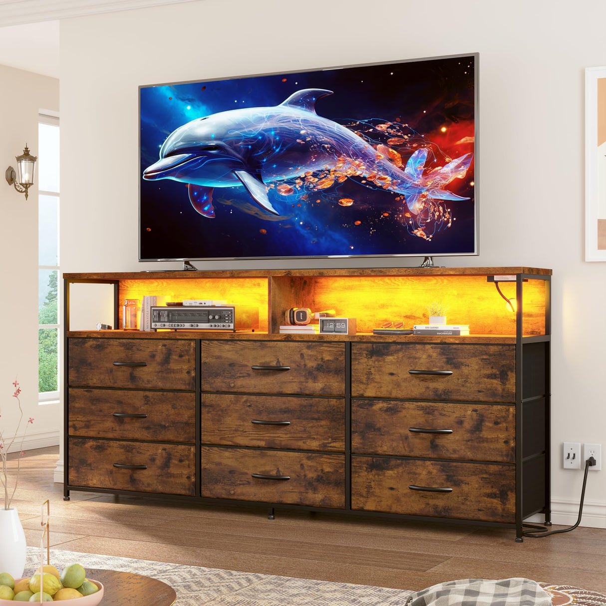 EnHomee 55” W Dresser, Rustic Brown Dresser for Bedroom with Power Outlet & LED Lights for 65" TV Stand for Bedroom Dresser with 9 Fabric Drawers, Long Sturdy Dressers for Bedroom, Closet, Entryway EnHomee