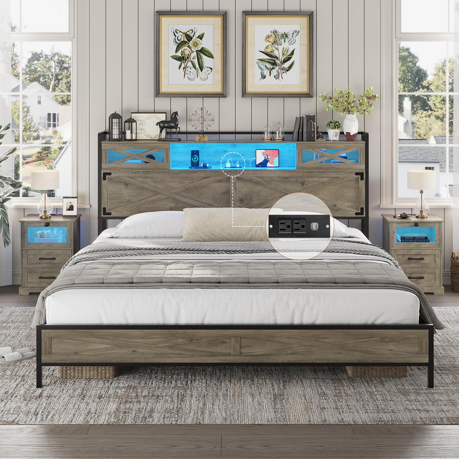 Hasuit Rustic Oak King Size Bed Frame with LED Lights, Charging Station, and Storage Headboard - WoodArtSupply