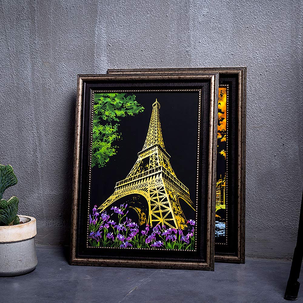 Scratch Painting Kits for Adults & teens, Craft Art Set, Rainbow Scratch Art Painting Paper, Sketch DIY Night View Scratchboard, 16'' x 11.2'' Creative Gift with 3 Tools kit (Eiffel Tower / Big Ben) MIASTAR