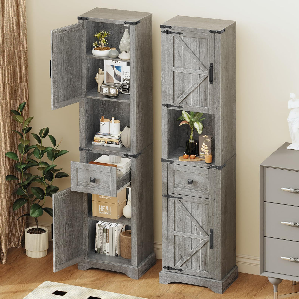 66" Tall Farmhouse Bathroom Storage Cabinet with Barn Doors and Drawer, Narrow Storage Unit, Adjustable Shelves & 5-Tier Space, Freestanding Cabinet for Bathroom, Entryway, Kitchen, Wash Grey Vabches