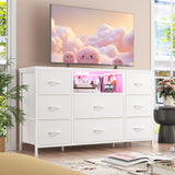 White Dresser TV Stand for 55'' with LED Lights & Charging Station, Dresser for Bedroom with 8 Drawer, Chest of Drawers with Open Shelves, 6 Adjustable Feet, Hallway, Entryway EnHomee