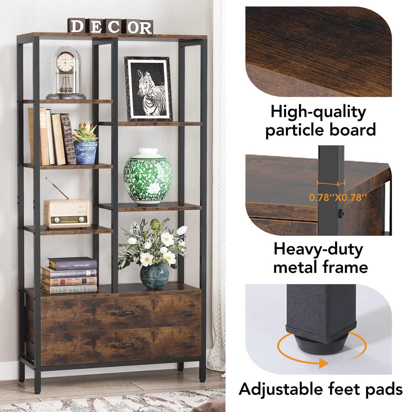 Tribesigns Industrial Tall Bookcase with Drawers - 2-Pack Versatile Open and Hidden Storage Shelves - WoodArtSupply